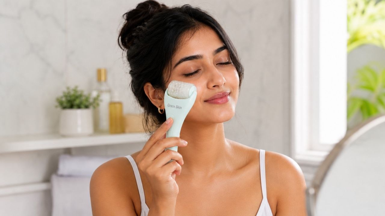 Using Grace Ice Roller in the morning for de-puffed skin