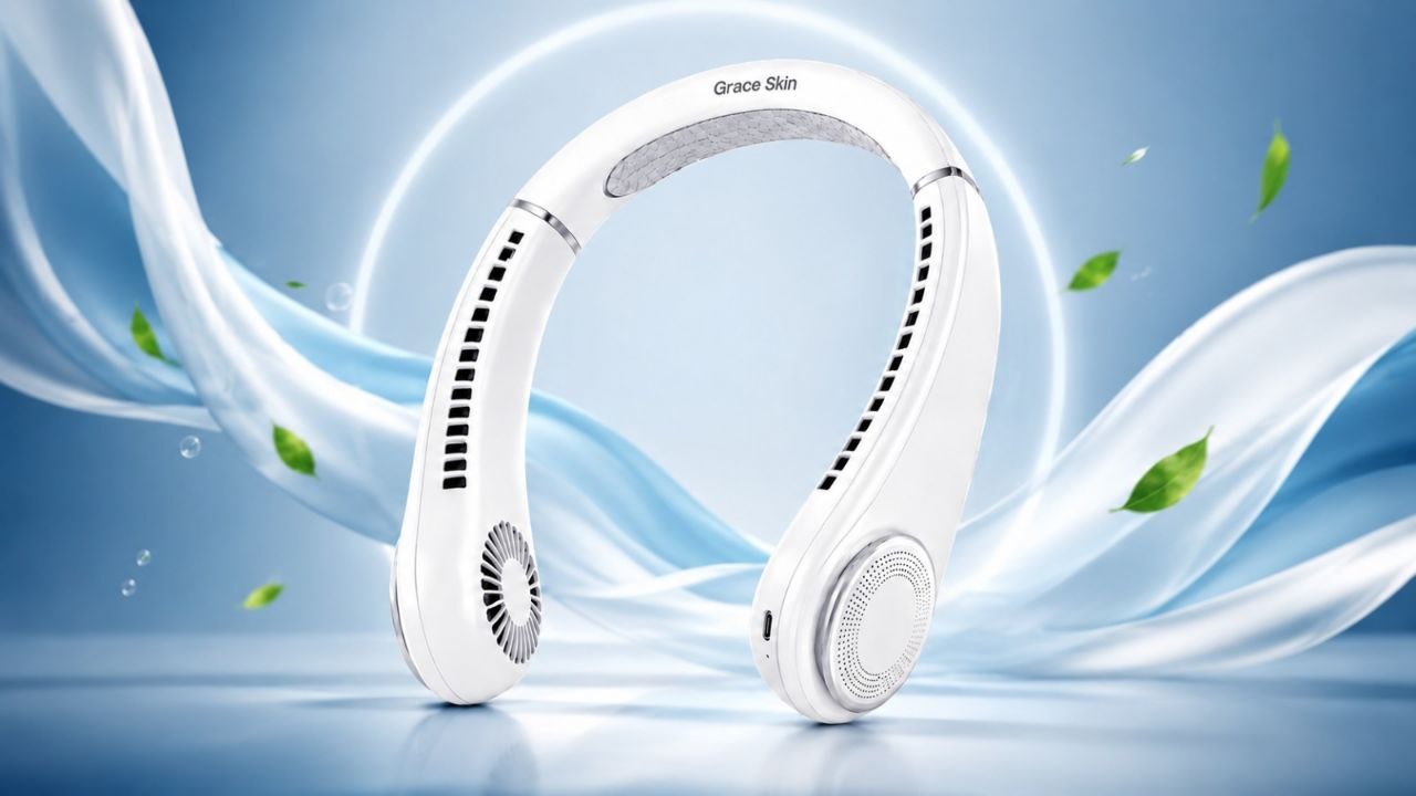 Wearing Grace Neck Fan during morning commute
