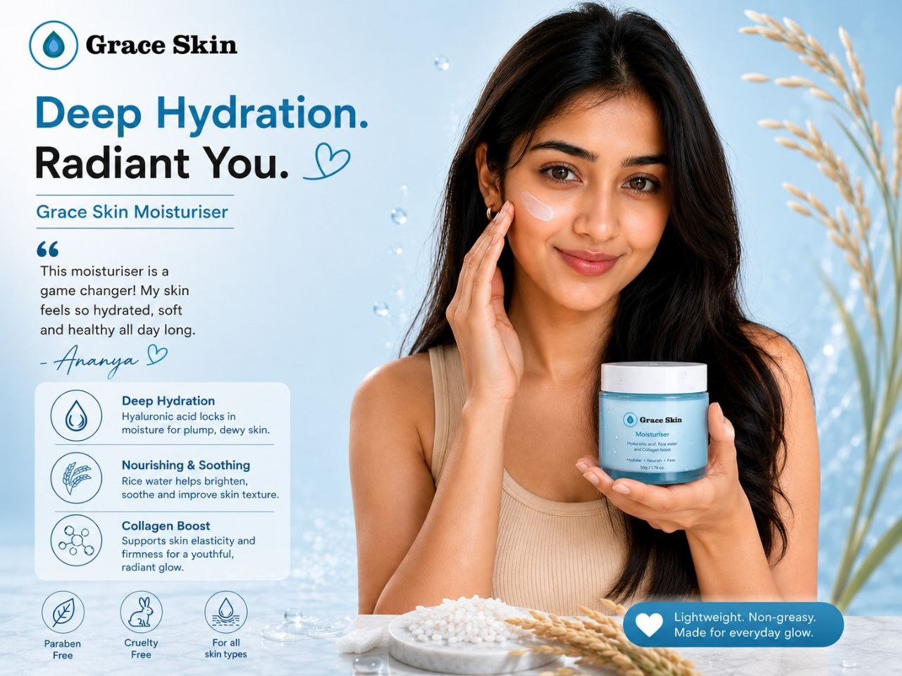 Grace Hyaluronic Moisturiser jar among skincare props