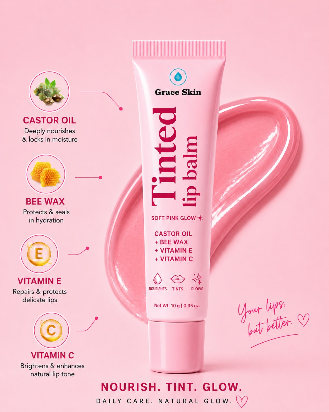 Grace Tinted SPF Lip Balm — Castor Oil, Bee Wax, Vitamin E & C