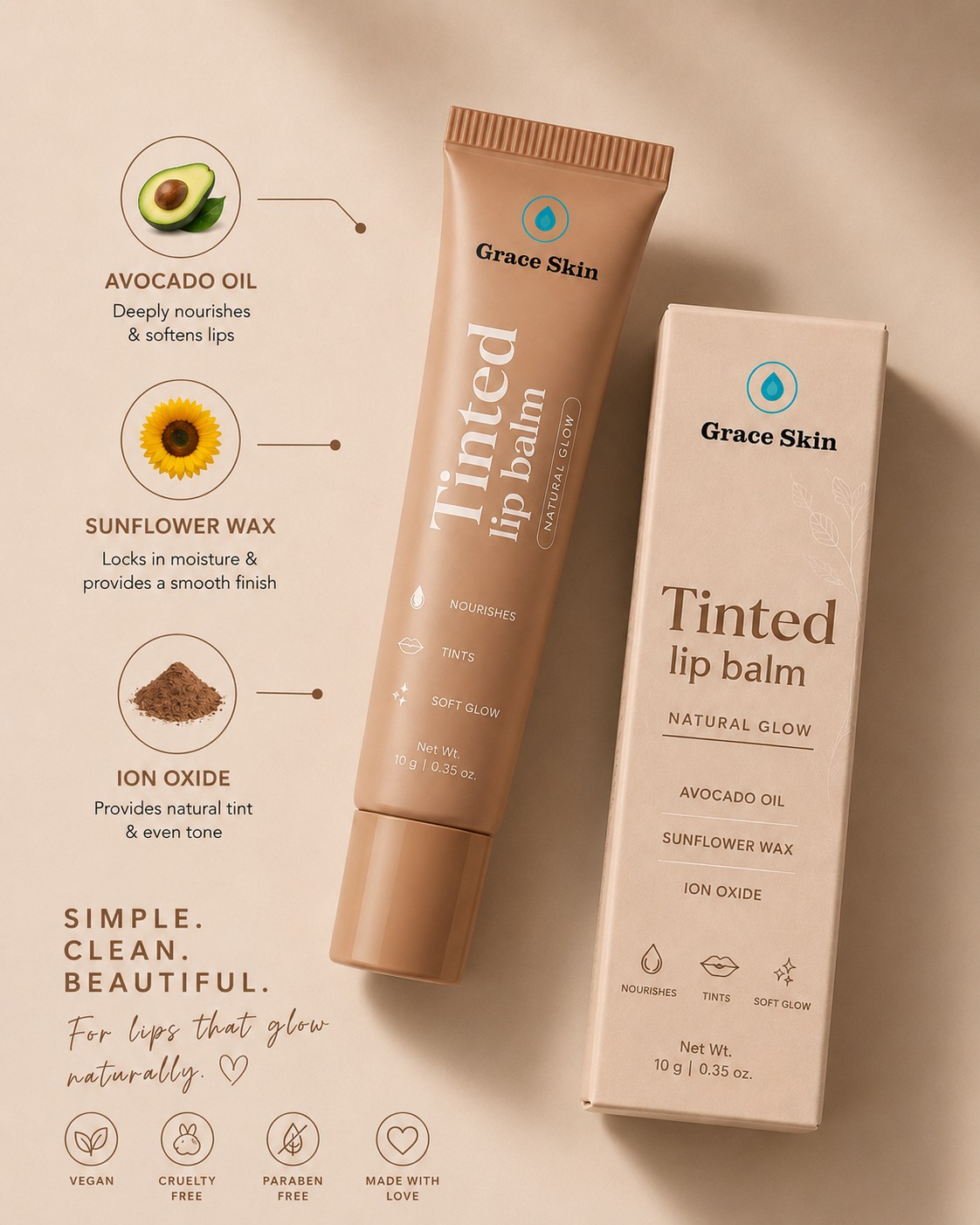 Grace Tinted Vitamin C Lip Balm — Avocado Oil, Sunflower Wax, Vitamin C
